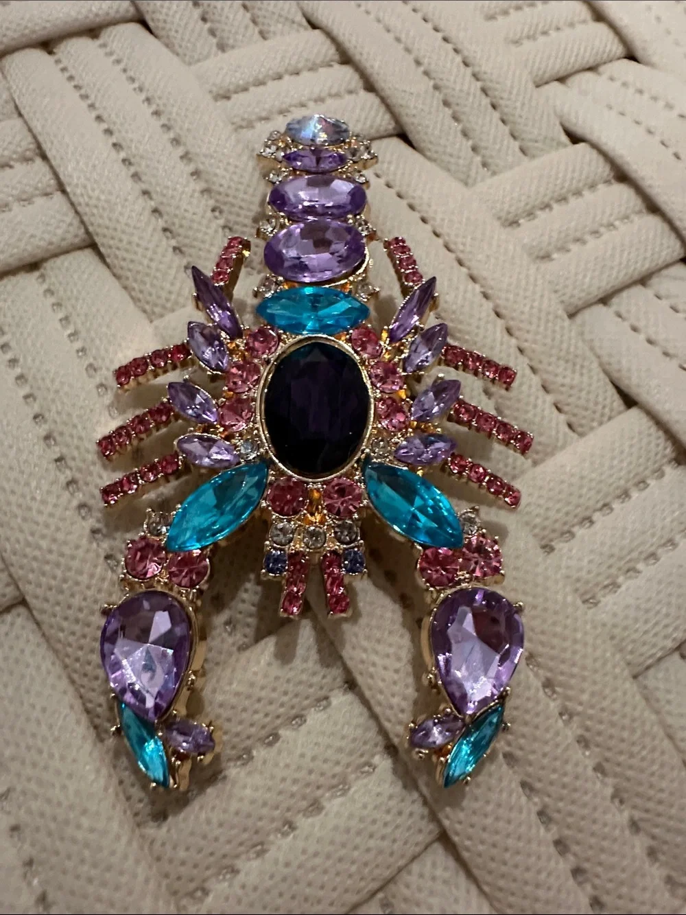 Gold-Tone Multicolor Lobster Brooch - Purple & Teal Crystal Accents
